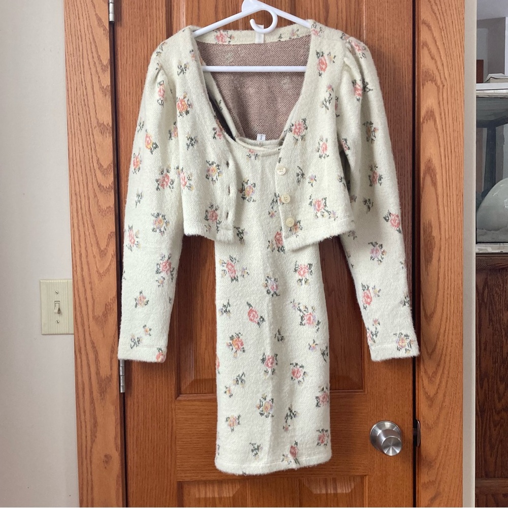 Floral knit dress and sweater set XS Daily Practice yellow, pink, purple, green